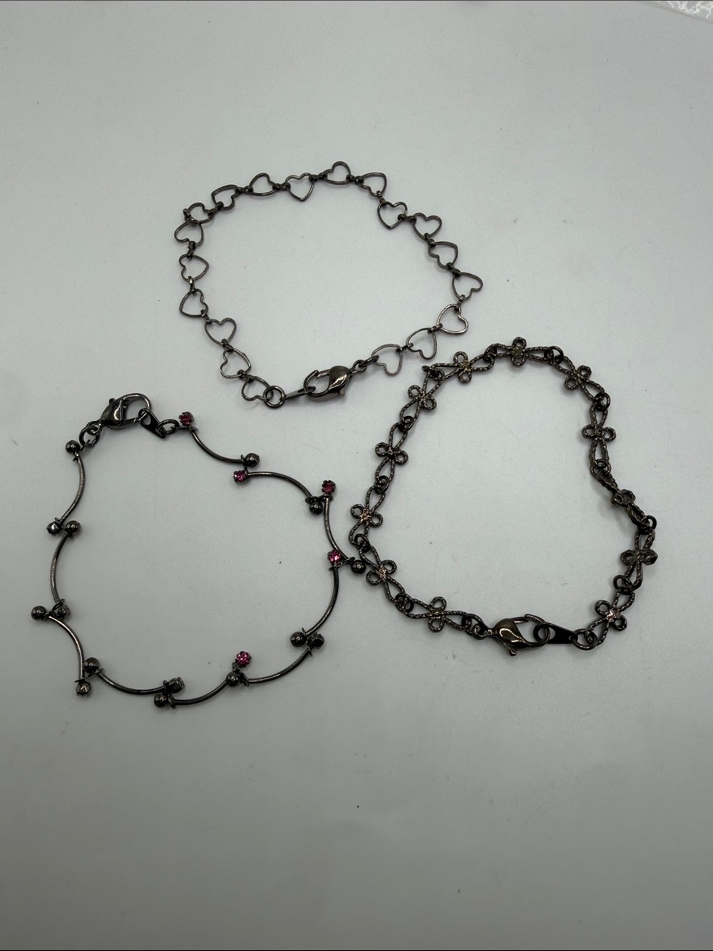 Set of 3 Vintage Gunmetal Heart & Beaded Link Chain Bracelets - 7
